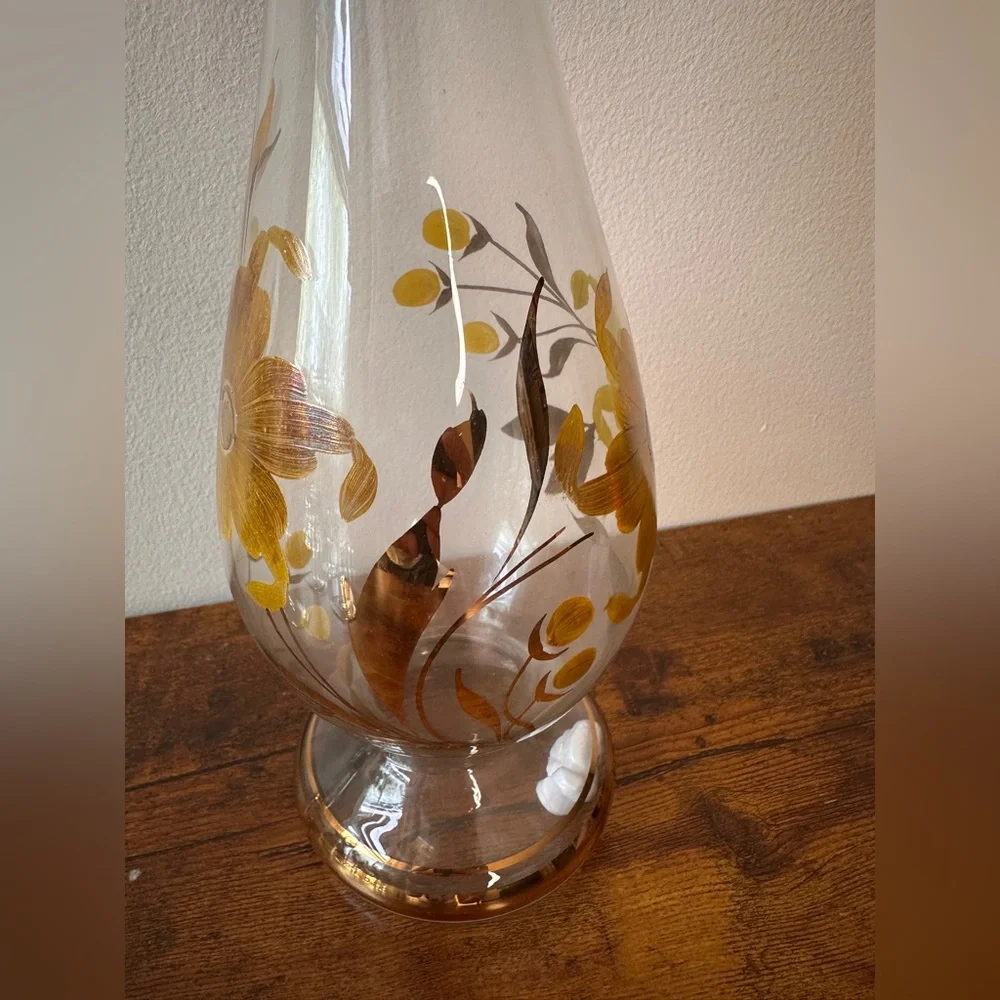 Vtg Mid-Century Romanian Glass Decanter Set - 6 Cordial Glasses - Hand Painted